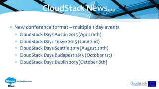  New conference format – multiple 1 day events
 CloudStack Days Austin 2015 (April 16th)
 CloudStack Days Tokyo 2015 (June 2nd)
 CloudStack Days Seattle 2015 (August 20th)
 CloudStack Days Budapest 2015 (October 1st)
 CloudStack Days Dublin 2015 (October 8th)
CloudStack News…
 