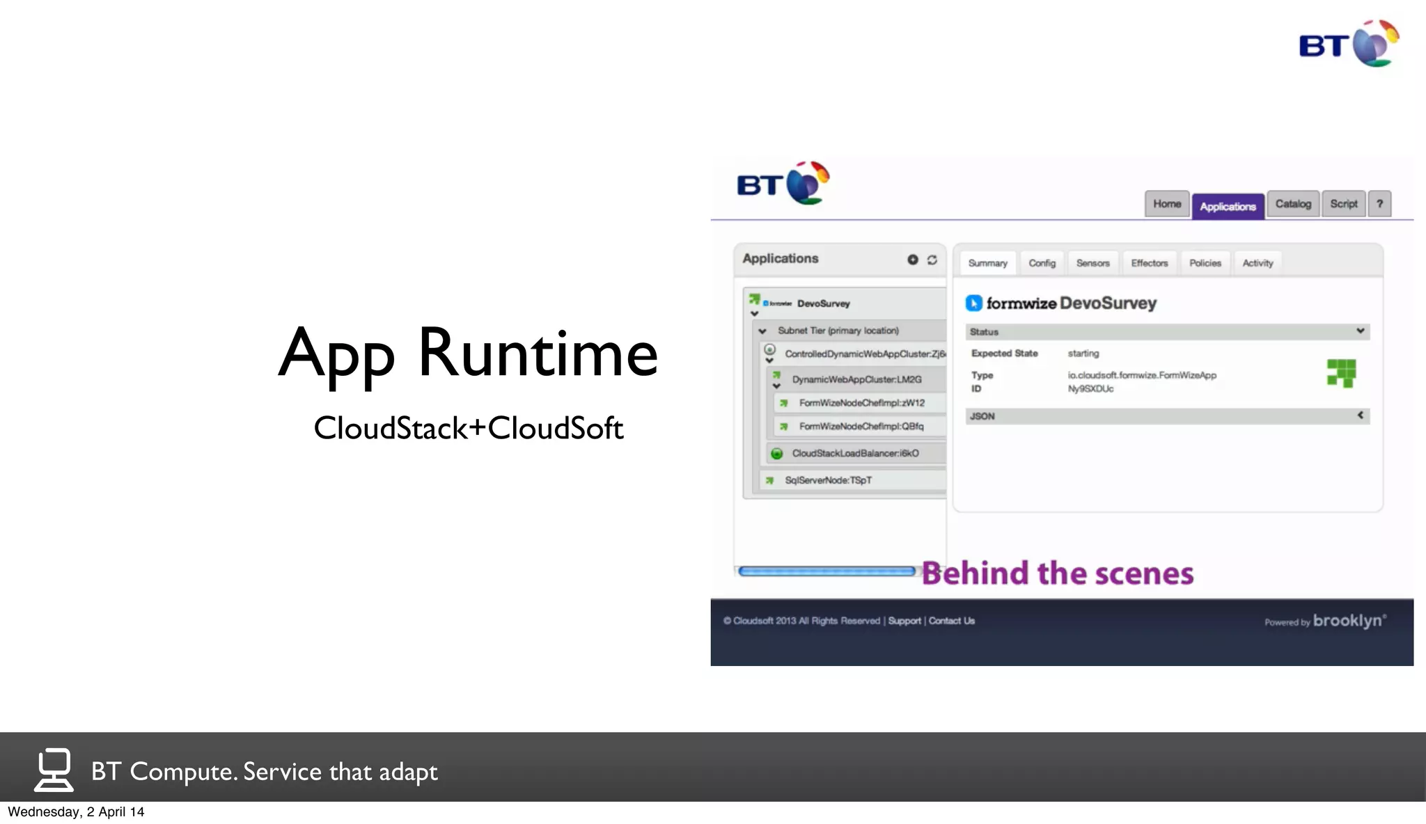 BT Compute. Service that adapt
App Runtime
CloudStack+CloudSoft
Wednesday, 2 April 14
 