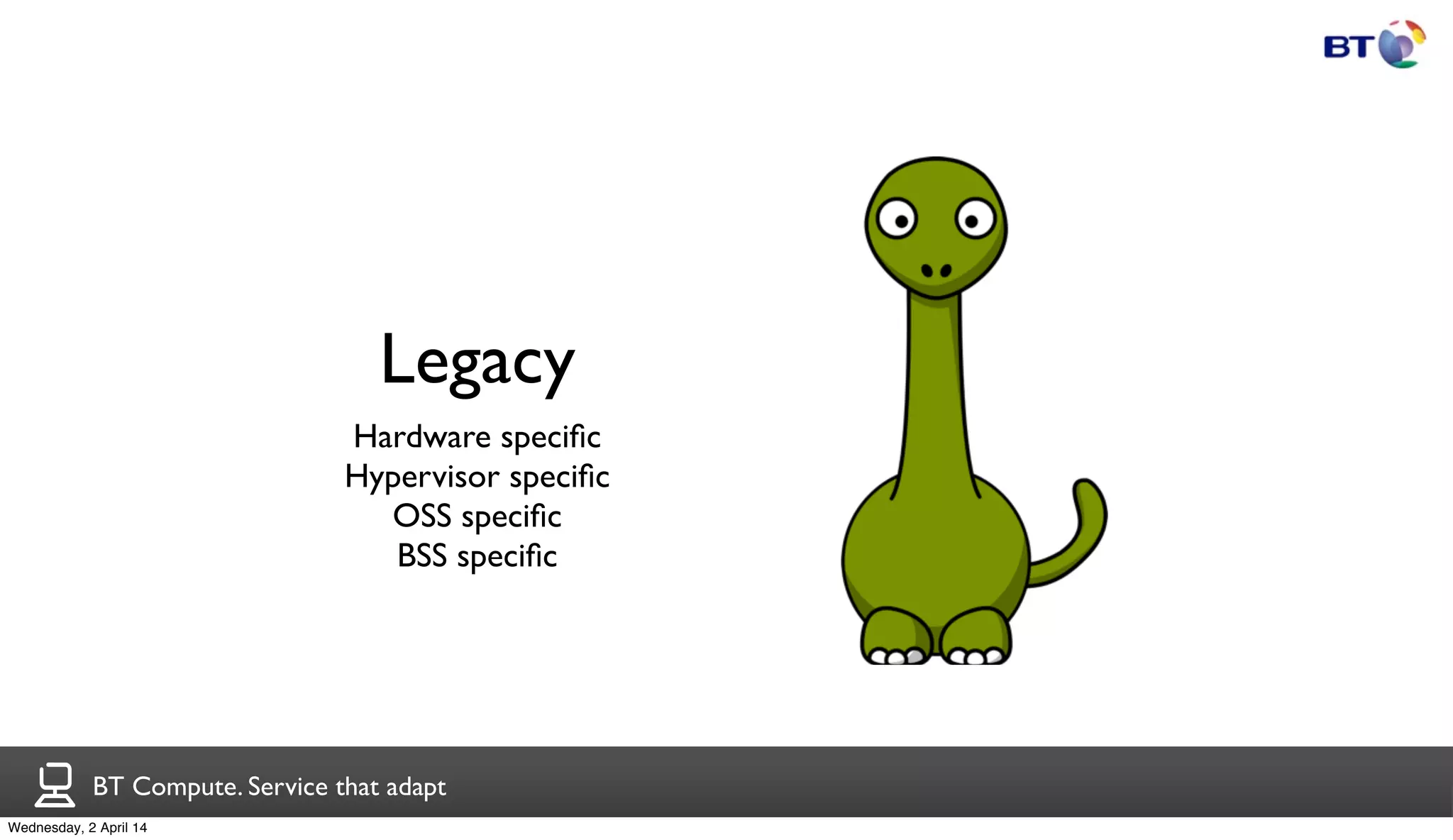 BT Compute. Service that adapt
Legacy
Hardware speciﬁc
Hypervisor speciﬁc
OSS speciﬁc
BSS speciﬁc
Wednesday, 2 April 14
 