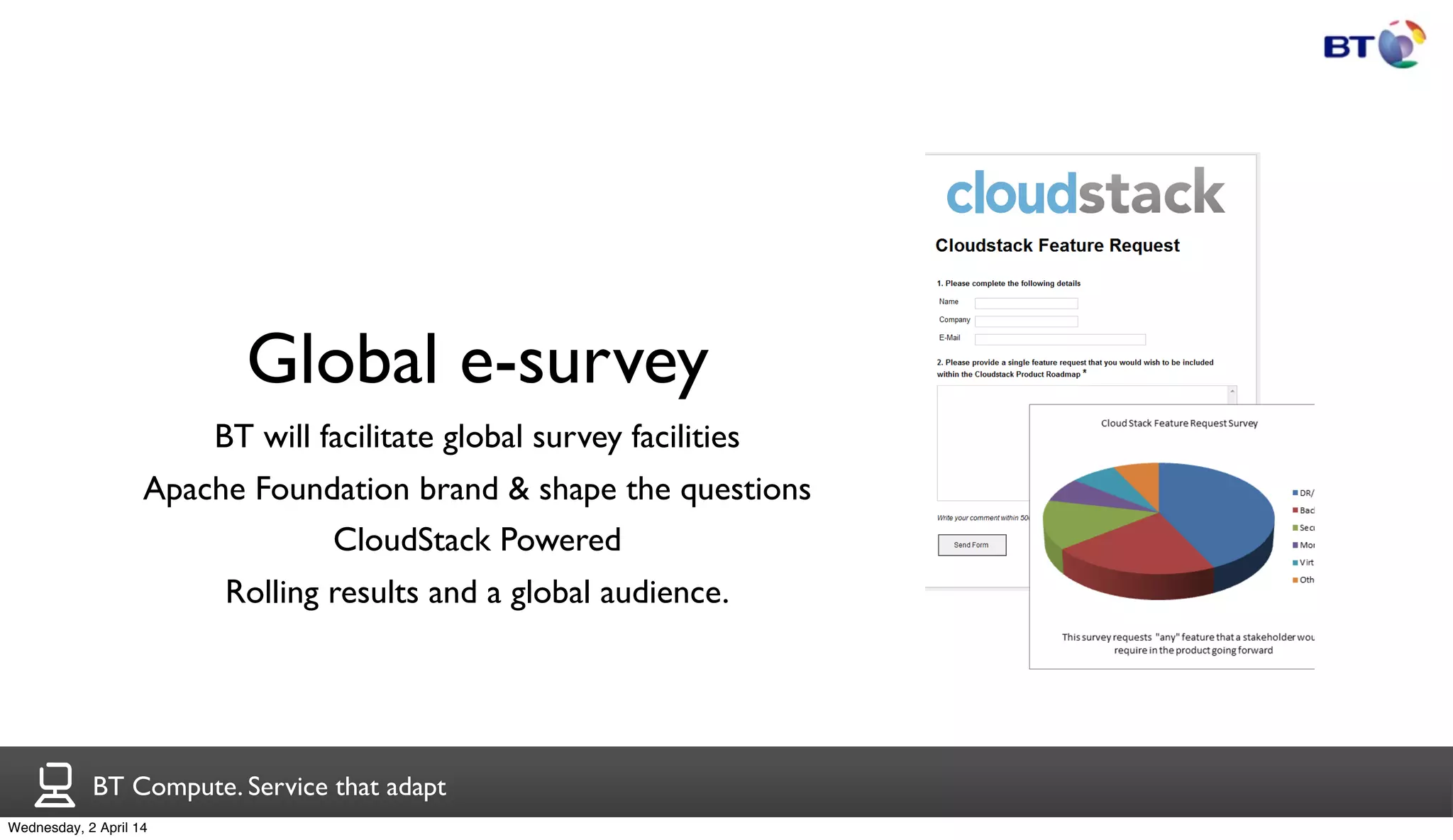 BT Compute. Service that adapt
Global e-survey
BT will facilitate global survey facilities
Apache Foundation brand & shape the questions
CloudStack Powered
Rolling results and a global audience.
Wednesday, 2 April 14
 