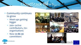  Community continues
to grow
 Meet-ups getting
bigger
 200+ active
contributors, 7o+
organisations
 Now 72 86 96
committers
CloudStack News…..
 