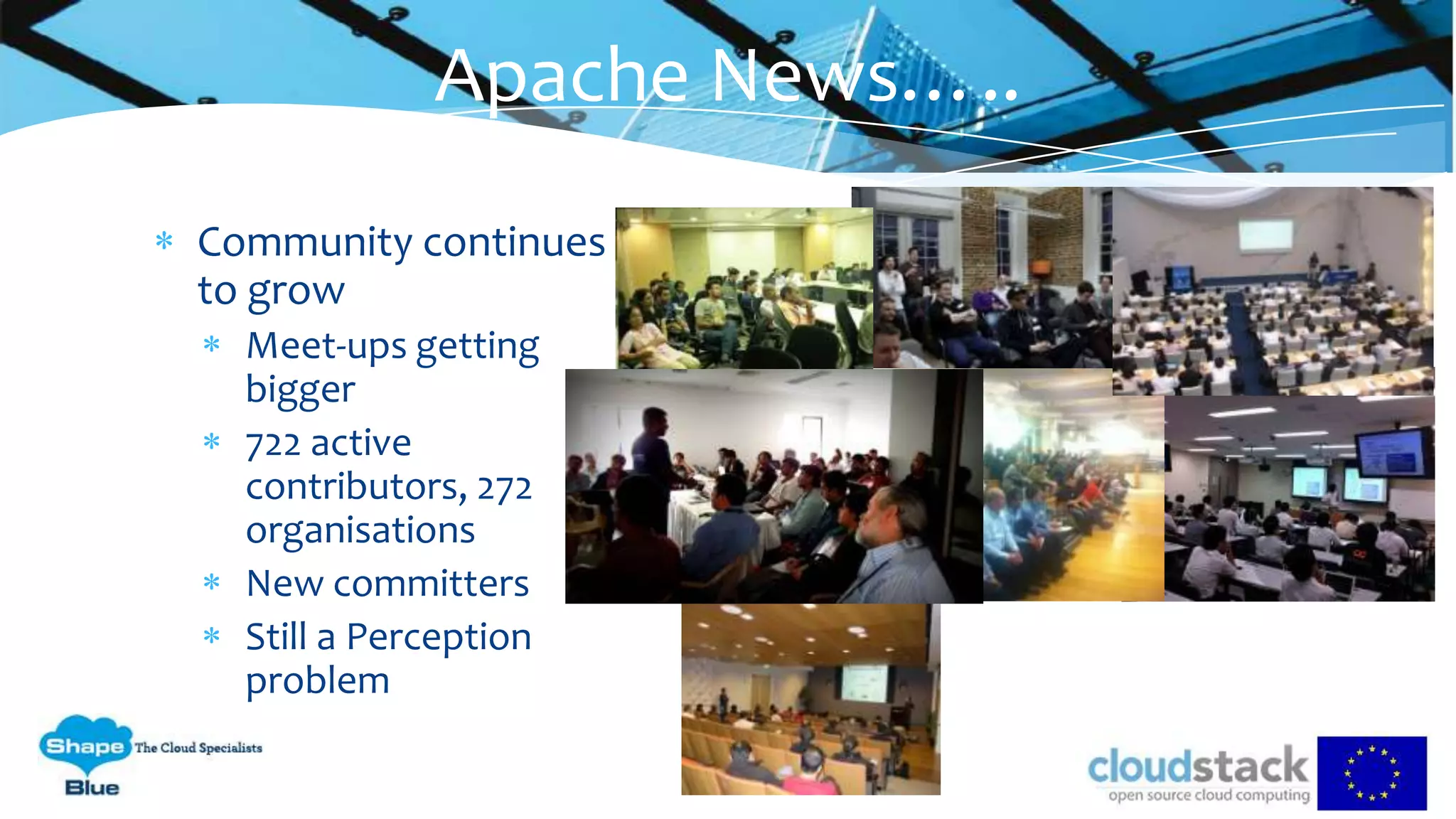 Community continues
to grow
Meet-ups getting
bigger
722 active
contributors, 272
organisations
New committers
Still a Perception
problem
Apache News…..
 