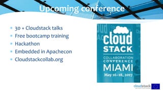 Upcoming conference
 30 + Cloudstack talks
 Free bootcamp training
 Hackathon
 Embedded in Apachecon
 Cloudstackcollab.org
 