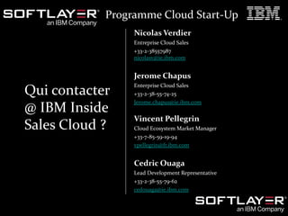 10 Programme Start-Up Cloud IBM
19 Février 2015
© 2014 IBM Corporation
Qui contacter
@ IBM Inside
Sales Cloud ?
Nicolas Verdier
Entreprise Cloud Sales
+33-2-38557987
nicolasv@ie.ibm.com
Jerome Chapus
Enterprise Cloud Sales
+33-2-38-55-74-25
Jerome.chapus@ie.ibm.com
Vincent Pellegrin
Cloud Ecosystem Market Manager
+33-7-85-59-19-94
vpellegrin@fr.ibm.com
Cedric Ouaga
Lead Development Representative
+33-2-38-55-79-62
cedouaga@ie.ibm.com
Programme Cloud Start-Up
 