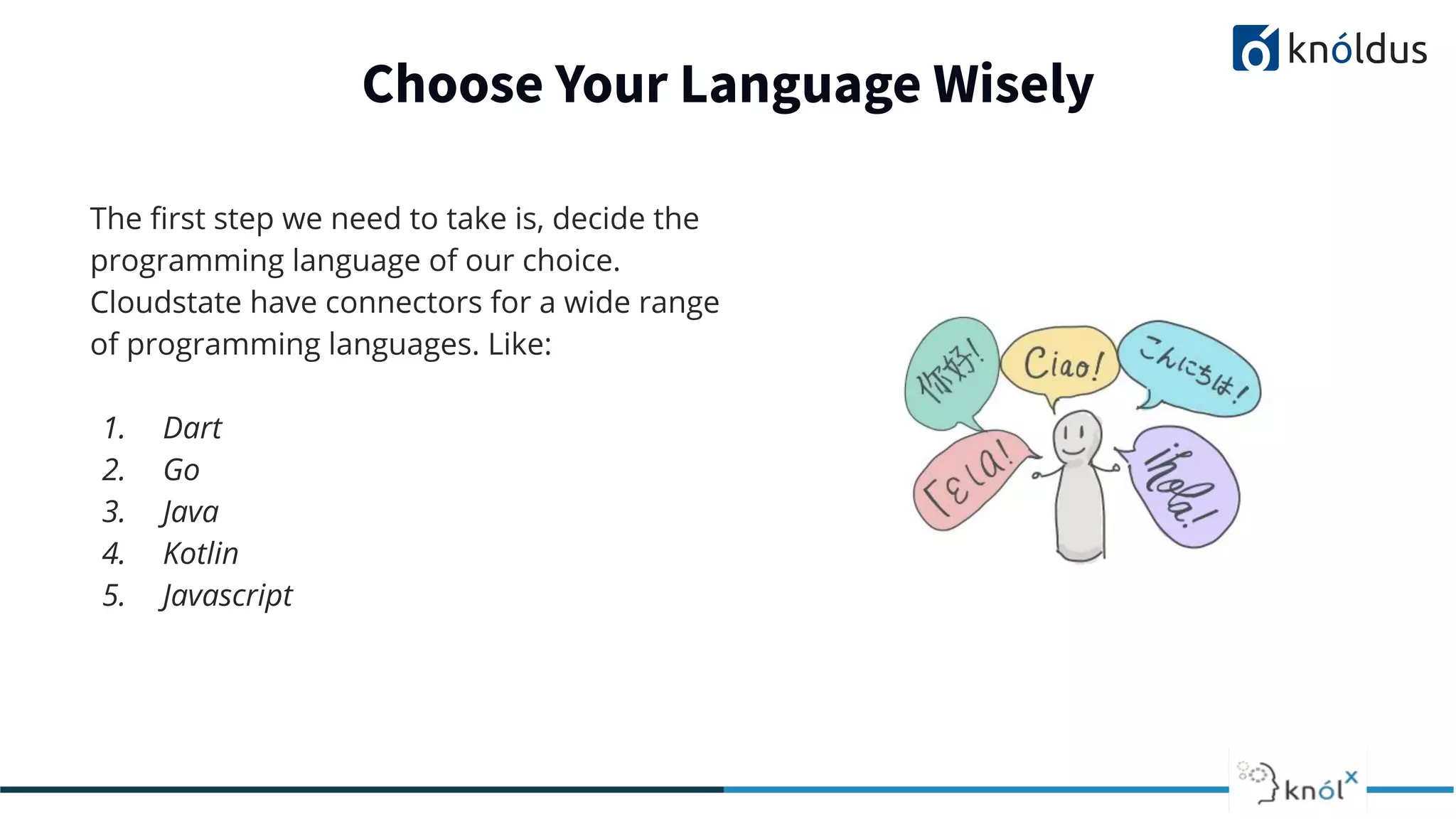 The ﬁrst step we need to take is, decide the
programming language of our choice.
Cloudstate have connectors for a wide range
of programming languages. Like:
1. Dart
2. Go
3. Java
4. Kotlin
5. Javascript
Choose Your Language Wisely
 