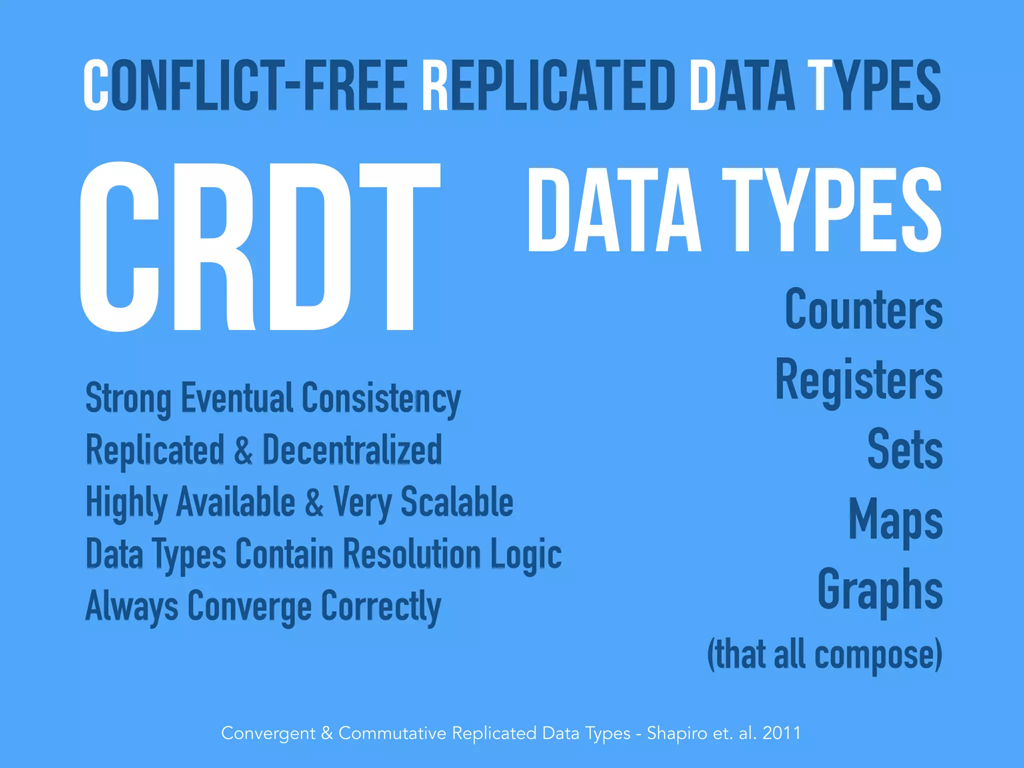 Data types
Counters
Registers
Sets
Maps
Graphs
(that all compose)
CRDTStrong Eventual Consistency
Replicated & Decentralized
Highly Available & Very Scalable
Data Types Contain Resolution Logic
Always Converge Correctly
Convergent & Commutative Replicated Data Types - Shapiro et. al. 2011
Conflict-Free Replicated Data Types
 