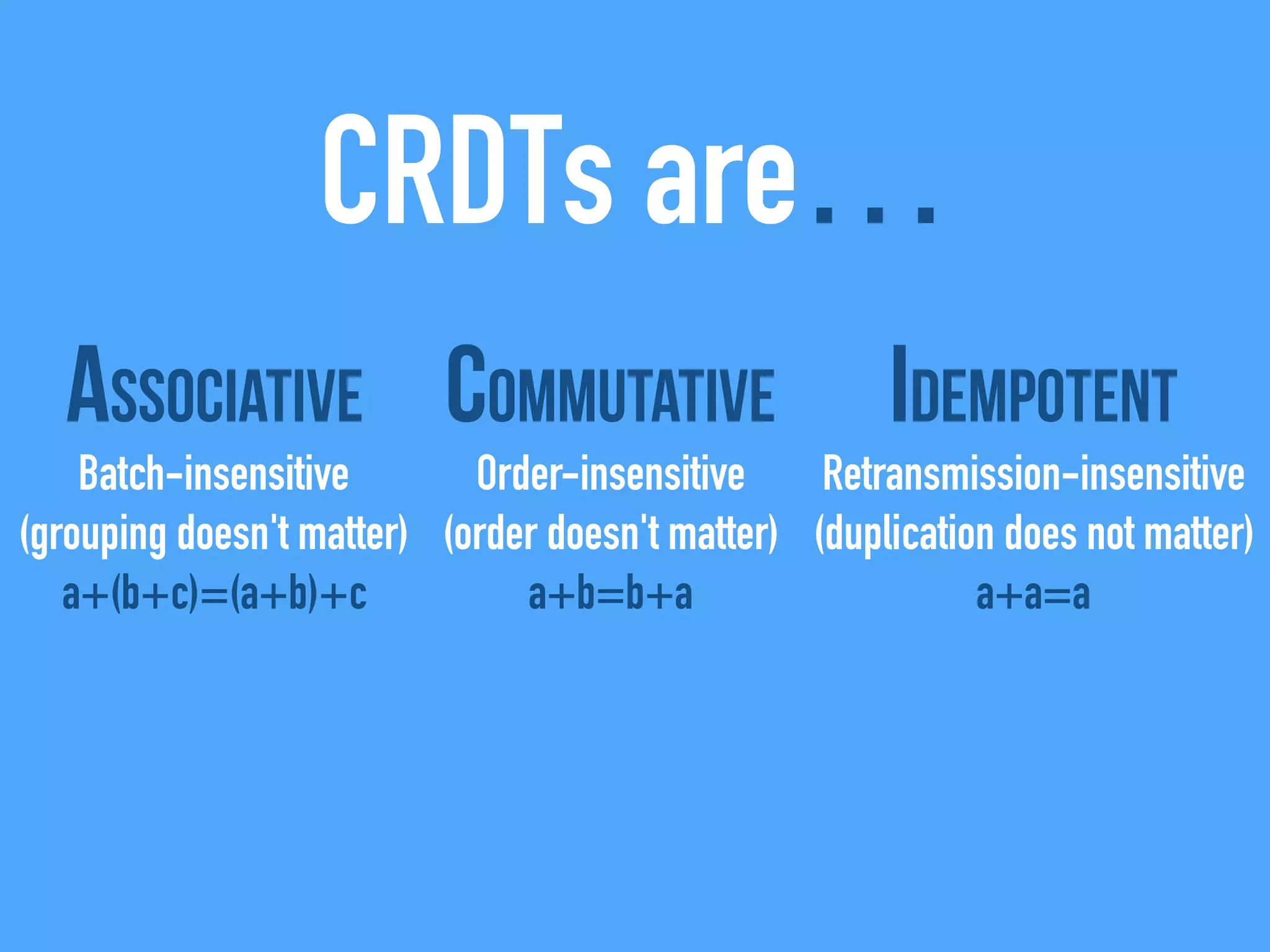 CRDTs are…
Associative
Batch-insensitive
(grouping doesn't matter)
a+(b+c)=(a+b)+c
Commutative
Order-insensitive
(order doesn't matter)
a+b=b+a
Idempotent
Retransmission-insensitive
(duplication does not matter)
a+a=a
 