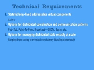 1. Stateful long-lived addressable virtual components
Actors
2. Options for distributed coordination and communication patterns
Pub-Sub, Point-To-Point, Broadcast—CRDTs, Sagas, etc.
3. Options for managing distributed state reliably at scale
Ranging from strong to eventual consistency (durable/ephemeral)
Technical Requirements
 
