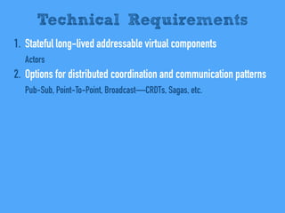 1. Stateful long-lived addressable virtual components
Actors
2. Options for distributed coordination and communication pat...