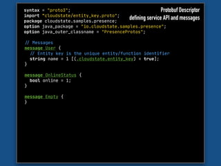syntax = "proto3";

import "cloudstate/entity_key.proto";

package cloudstate.samples.presence;

option java_package = "io.cloudstate.samples.presence";

option java_outer_classname = "PresenceProtos";
"// Messages

message User {

"// Entity key is the unique entity/function identifier

string name = 1 [(.cloudstate.entity_key) = true];

}

message OnlineStatus {

bool online = 1;

}

message Empty {

}

Protobuf Descriptor
defining service API and messages
 
