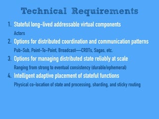 1. Stateful long-lived addressable virtual components
Actors
2. Options for distributed coordination and communication patterns
Pub-Sub, Point-To-Point, Broadcast—CRDTs, Sagas, etc.
3. Options for managing distributed state reliably at scale
Ranging from strong to eventual consistency (durable/ephemeral)
4. Intelligent adaptive placement of stateful functions
Physical co-location of state and processing, sharding, and sticky routing
Technical Requirements
 