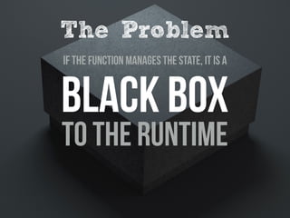 If the Function manages the state, It is A
Black BoX
To the runtime
The Problem
 