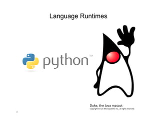 Language Runtimes




                 Duke, the Java mascot 
                 Copyright © Sun Microsystems Inc., all rights reserved. 
15 
 