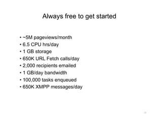 Always free to get started


•  ~5M pageviews/month
•  6.5 CPU hrs/day
•  1 GB storage
•  650K URL Fetch calls/day
•  2,000 recipients emailed
•  1 GB/day bandwidth
•  100,000 tasks enqueued
•  650K XMPP messages/day




                                      18
 