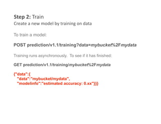 Step 2: Train 
Create a new model by training on data 

To train a model:

POST prediction/v1.1/training?data=mybucket%2Fmydata

Training runs asynchronously. To see if it has finished:

GET prediction/v1.1/training/mybucket%2Fmydata

{"data":{
  "data":"mybucket/mydata",
  "modelinfo":"estimated accuracy: 0.xx"}}}
 