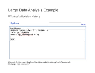 Large Data Analysis Example
Wikimedia Revision History 




Wikimedia Revision history data from: hmp://download.wikimedia.org/enwiki/latest/enwiki‐
latest‐pages‐meta‐history.xml.7z 
 
