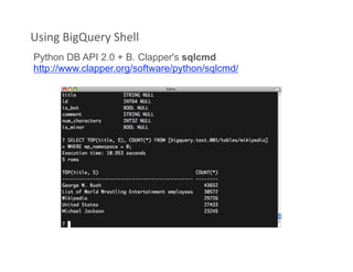 Using BigQuery Shell 
Python DB API 2.0 + B. Clapper's sqlcmd
http://www.clapper.org/software/python/sqlcmd/
 