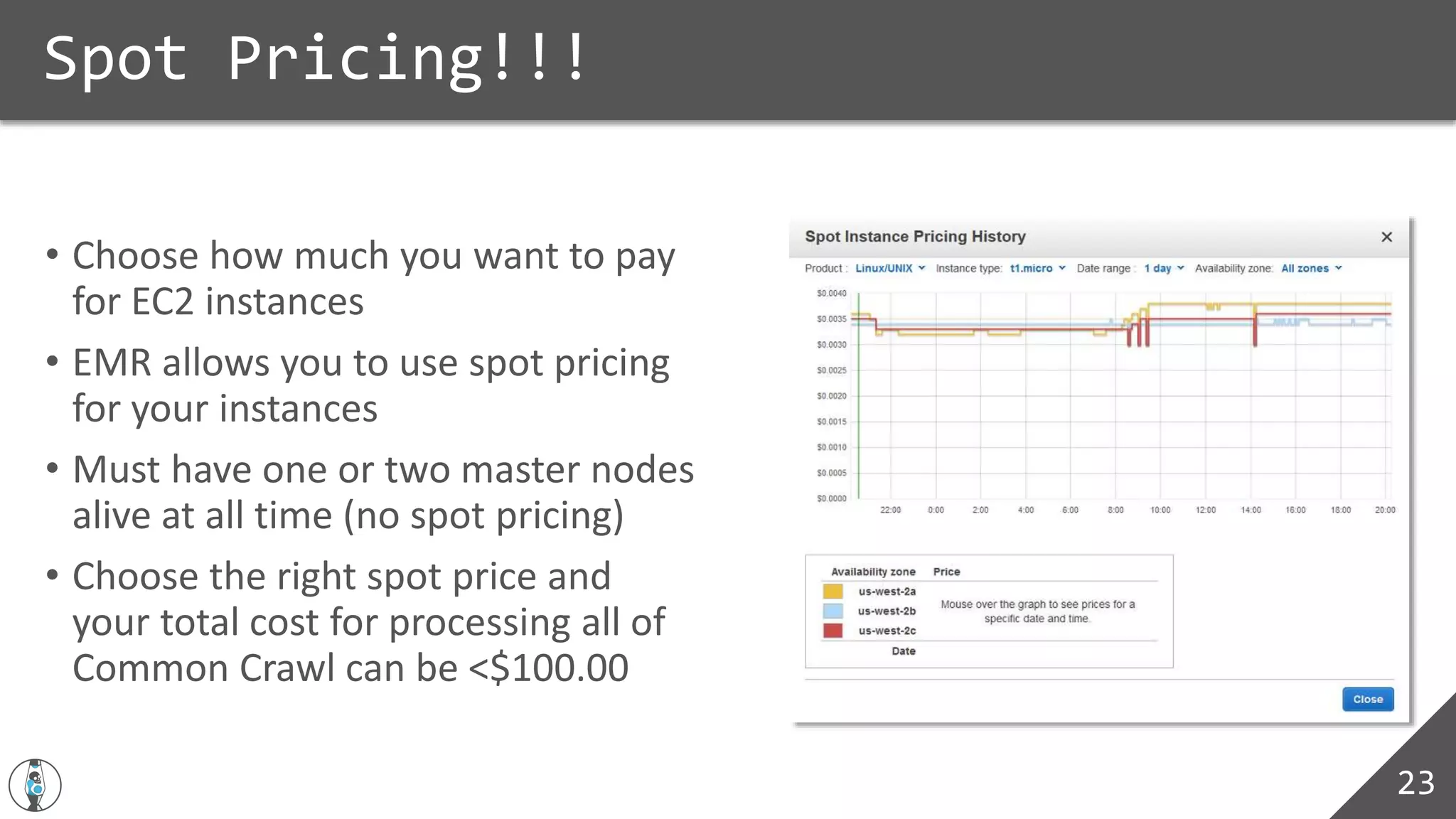 • Choose how much you want to pay
for EC2 instances
• EMR allows you to use spot pricing
for your instances
• Must have one or two master nodes
alive at all time (no spot pricing)
• Choose the right spot price and
your total cost for processing all of
Common Crawl can be <$100.00
Spot Pricing!!!
23
 