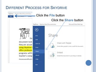 DIFFERENT PROCESS FOR SKYDRIVE
              Click the File button
                         Click the Share button
 