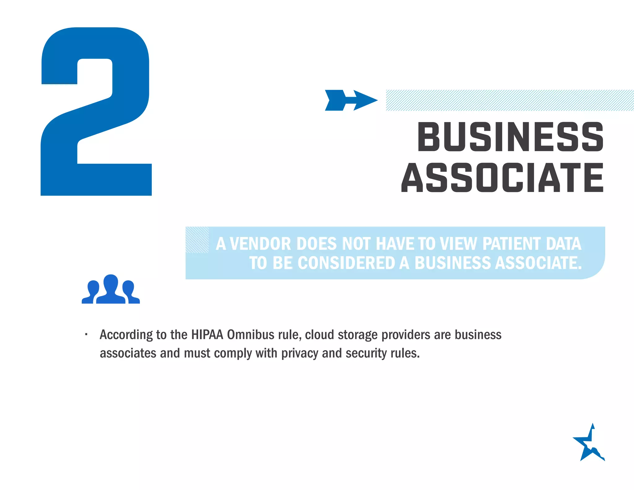 2 BUSINESS
ASSOCIATE
•	 According to the HIPAA Omnibus rule, cloud storage providers are business
associates and must comply with privacy and security rules.
A VENDOR DOES NOT HAVE TO VIEW PATIENT DATA
TO BE CONSIDERED A BUSINESS ASSOCIATE.
 