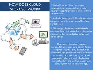 HOW DOES CLOUD
STORAGE WORK?
1. Melalui internet, client (pengguna
computer yang memanfaatkan layanan
cloud storage) mengirim salinan file miliknya
ke data server.
2. Ketika ingin mengambil file miliknya, client
mengakses data tersebut melalui interface
berbasis web
3. Selanjutnya, file tersebut dikirimkan ke
computer client atau mengizinkan client untuk
mengakses, dan memanipulasi datanya di
dalam server.
Biasanya, system cloud storage
mengandalkan ratusan data server. Karena
computer sewaktu-waktu membutuhkan
perawatan dan perbaikan, maka dilakukan
redundancy atau menyimpan data yang
sama pada beberapa mesin. Redundancy
merupakan hal yang pasti dilakukan oleh
setiap system system cloud storage.
 
