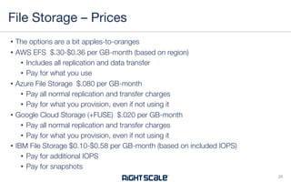 • The options are a bit apples-to-oranges
• AWS EFS $.30-$0.36 per GB-month (based on region)
• Includes all replication and data transfer
• Pay for what you use
• Azure File Storage $.080 per GB-month
• Pay all normal replication and transfer charges
• Pay for what you provision, even if not using it
• Google Cloud Storage (+FUSE) $.020 per GB-month
• Pay all normal replication and transfer charges
• Pay for what you provision, even if not using it
• IBM File Storage $0.10-$0.58 per GB-month (based on included IOPS)
• Pay for additional IOPS
• Pay for snapshots
File Storage – Prices
26
 