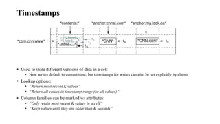 Timestamps
• Used to store different versions of data in a cell
• New writes default to current time, but timestamps for w...