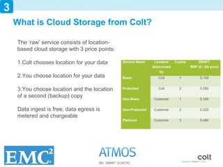 3
    What is Cloud Storage from Colt?

    The ‘raw’ service consists of location-
    based cloud storage with 3 price points:

    1.Colt chooses location for your data      Service Name     Location    Copies       DRAFT
                                                               determined            RRP (€ / Gb pcm)
                                                                   by
    2.You choose location for your data        Basic              Colt        1           0.140


    3.You choose location and the location     Protected          Colt        2           0.280

    of a second (backup) copy                  Geo-Basic       Customer       1           0.160


    Data ingest is free, data egress is        Geo-Protected   Customer       2           0.320

    metered and chargeable
                                               Platinum        Customer       3           0.480




9
 