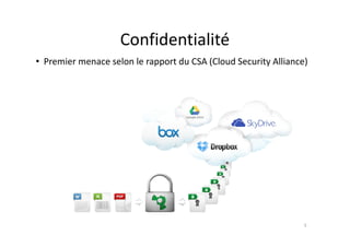 Confidentialité
• Premier menace selon le rapport du CSA (Cloud Security Alliance)
5
 