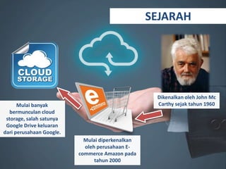SEJARAH
Dikenalkan oleh John Mc
Carthy sejak tahun 1960
Mulai diperkenalkan
oleh perusahaan E-
commerce Amazon pada
tahun 2000
Mulai banyak
bermunculan cloud
storage, salah satunya
Google Drive keluaran
dari perusahaan Google.
 