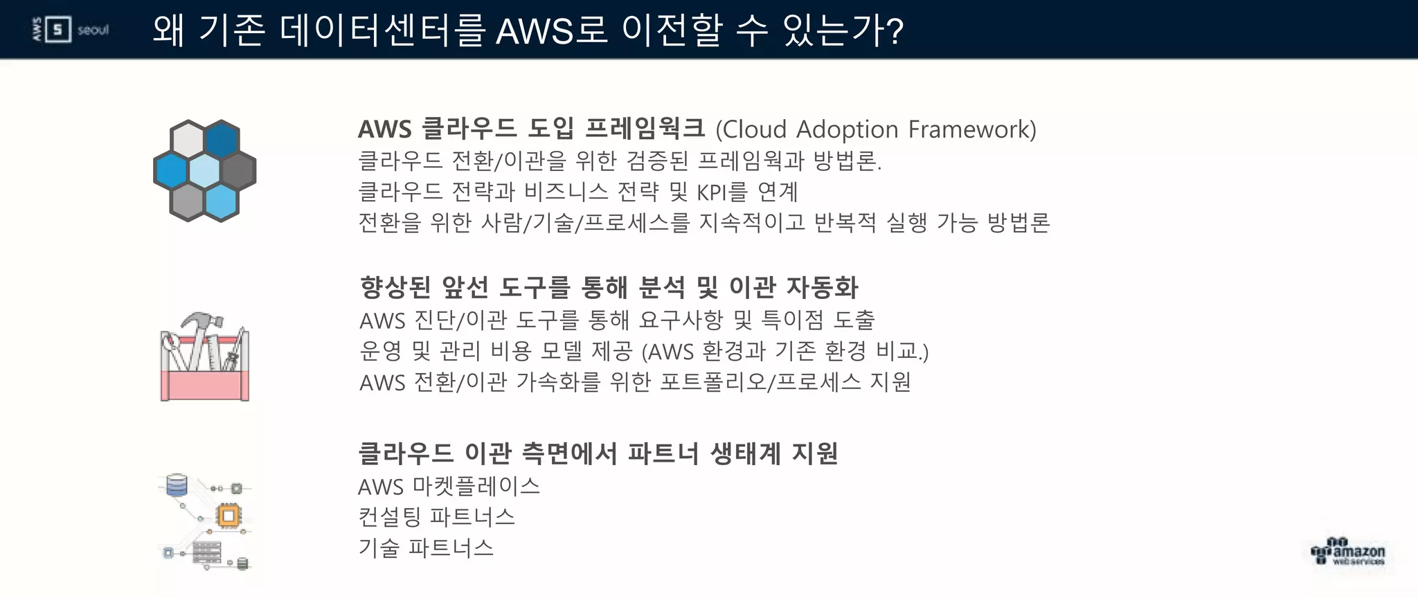 왜 기존 데이터센터를 AWS로 이전할 수 있는가?
AWS 클라우드 도입 프레임웍크 (Cloud Adoption Framework)
클라우드 전환/이관을 위한 검증된 프레임웍과 방법론.
클라우드 전략과 비즈니스 전략 및 KPI를 연계
전환을 위한 사람/기술/프로세스를 지속적이고 반복적 실행 가능 방법론
향상된 앞선 도구를 통해 분석 및 이관 자동화
AWS 진단/이관 도구를 통해 요구사항 및 특이점 도출
운영 및 관리 비용 모델 제공 (AWS 환경과 기존 환경 비교.)
AWS 전환/이관 가속화를 위한 포트폴리오/프로세스 지원
클라우드 이관 측면에서 파트너 생태계 지원
AWS 마켓플레이스
컨설팅 파트너스
기술 파트너스
 