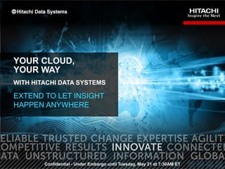 1
YOUR CLOUD,
YOUR WAY
WITH HITACHI DATA SYSTEMS
EXTEND TO LET INSIGHT
HAPPEN ANYWHERE
Confidential - Under Embargo until Tuesday, May 21 at 7:30AM ET
 