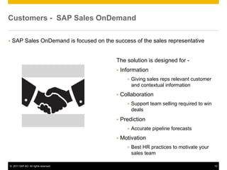 Customers - SAP Sales OnDemand

§  SAP      Sales OnDemand is focused on the success of the sales representative


      ...