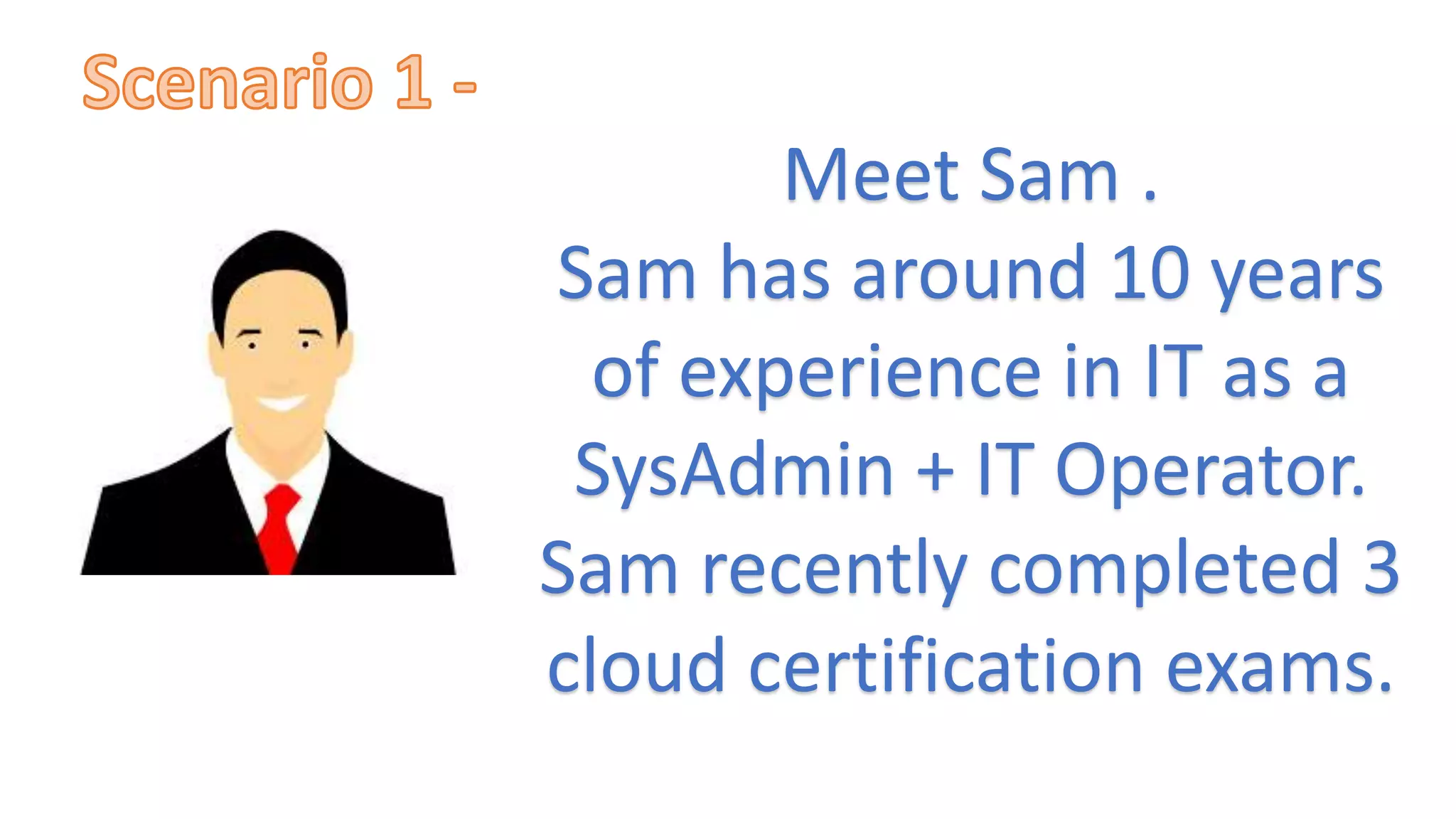 Meet Sam .
Sam has around 10 years
of experience in IT as a
SysAdmin + IT Operator.
Sam recently completed 3
cloud certification exams.
 