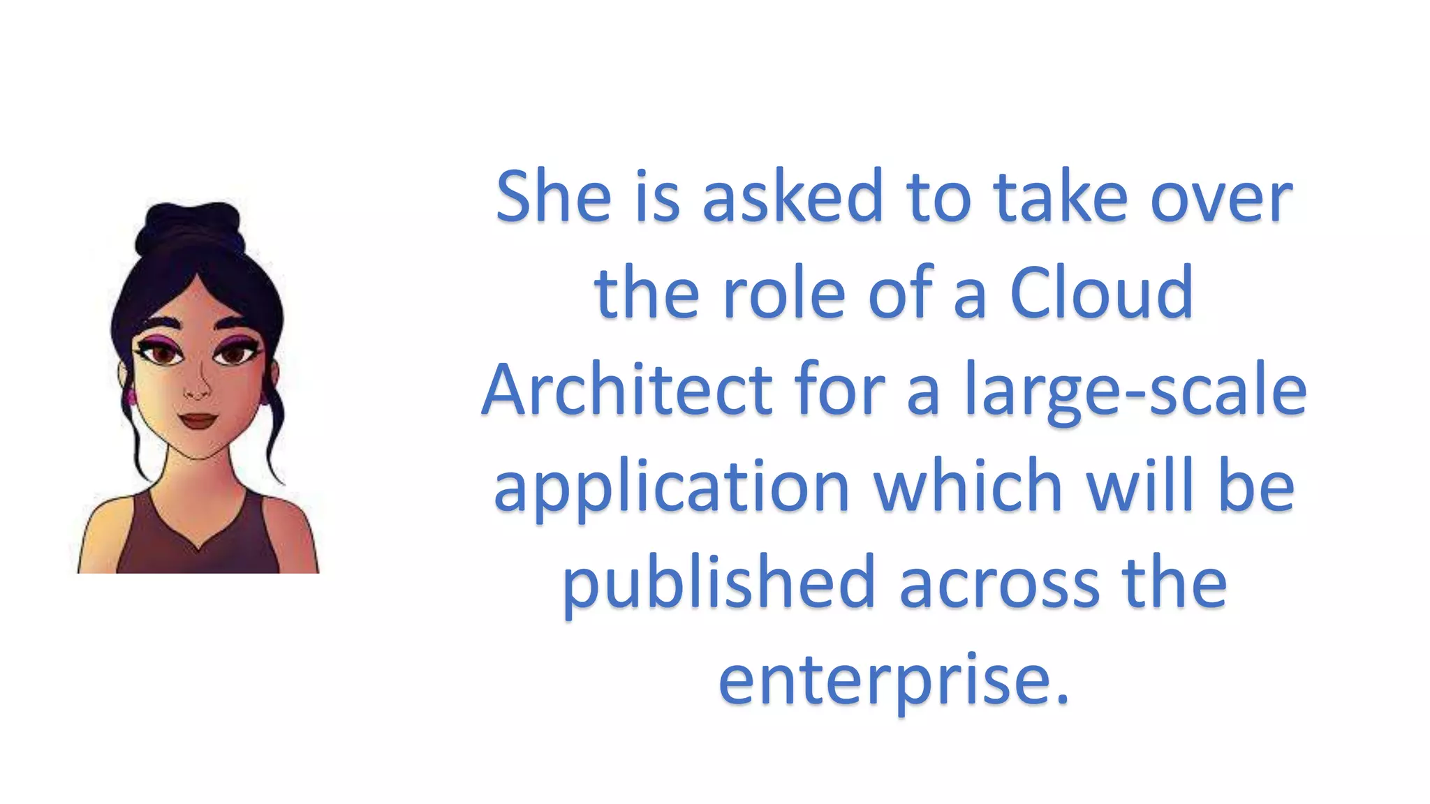 She is asked to take over
the role of a Cloud
Architect for a large-scale
application which will be
published across the
enterprise.
 