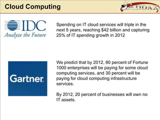 Cloud ComputingSpending on IT cloud services will triple in the next 5 years, reaching $42 billion and capturing 25% of IT spending growth in 2012We predict that by 2012, 80 percent of Fortune 1000 enterprises will be paying for some cloud computing services, and 30 percent will be paying for cloud computing infrastructure services.By 2012, 20 percent of businesses will own no IT assets.