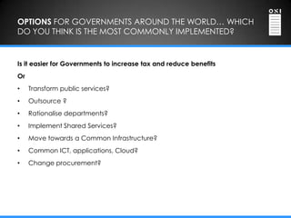OPTIONS FOR GOVERNMENTS AROUND THE WORLD… WHICH
DO YOU THINK IS THE MOST COMMONLY IMPLEMENTED?


Is it easier for Governments to increase tax and reduce benefits
Or
•    Transform public services?
•    Outsource ?
•    Rationalise departments?
•    Implement Shared Services?
•    Move towards a Common Infrastructure?
•    Common ICT, applications, Cloud?
•    Change procurement?
 