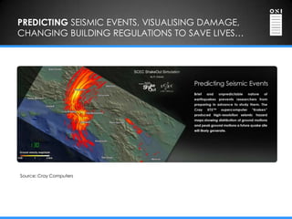 PREDICTING SEISMIC EVENTS, VISUALISING DAMAGE,
CHANGING BUILDING REGULATIONS TO SAVE LIVES…




Source: Cray Computers
 
