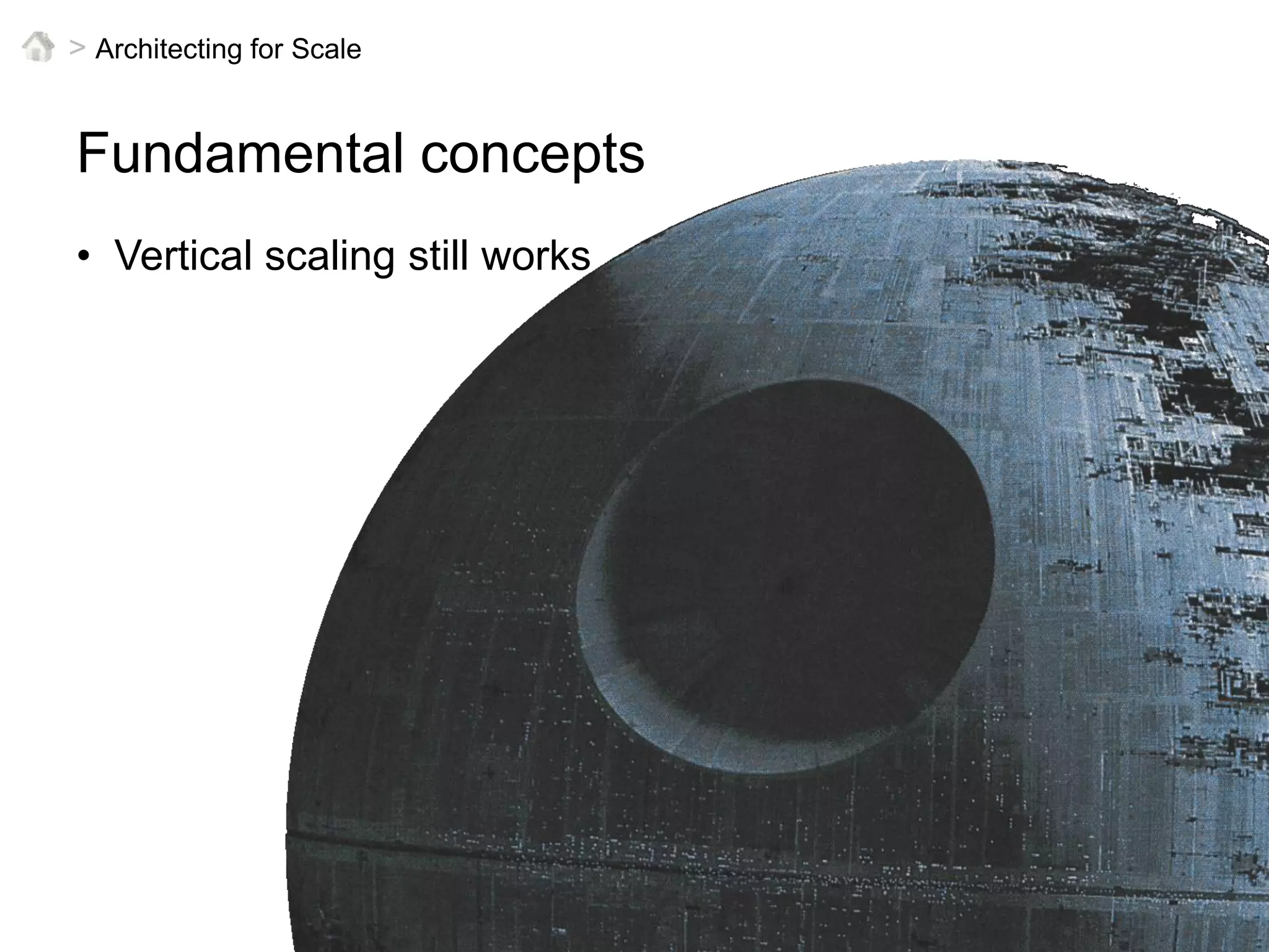 > Architecting for Scale > Horizontal scalingScale-out architecture + distributed computingWhen problems occursmaller units of workdecoupling shields impacteven simpler recoveryapp serverwebdata storeapp serverwebdata storewebapp serverdata storeapp serverwebdata storeapp serverwebdata storewebdata store