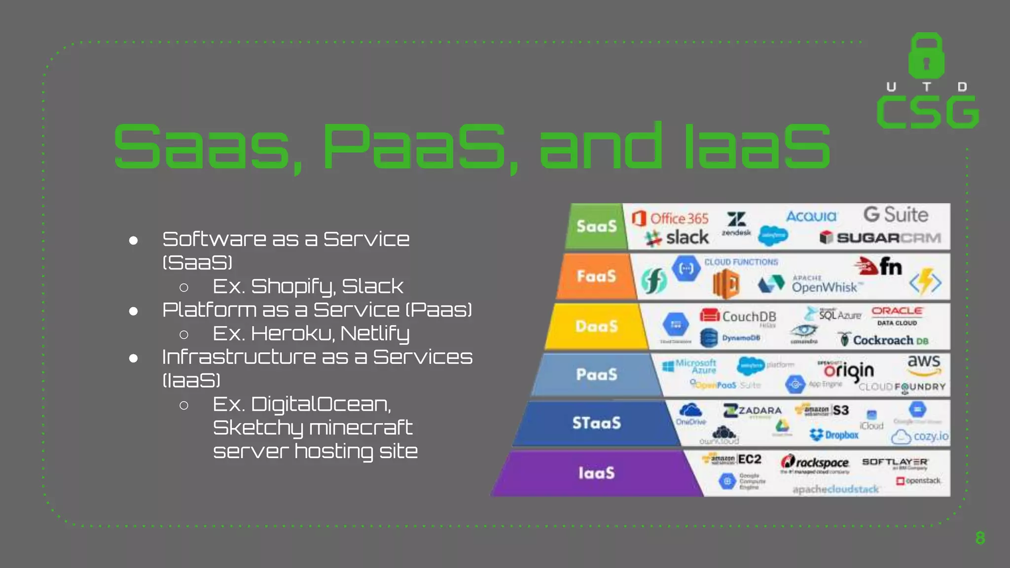 Saas, PaaS, and IaaS
● Software as a Service
(SaaS)
○ Ex. Shopify, Slack
● Platform as a Service (Paas)
○ Ex. Heroku, Netlify
● Infrastructure as a Services
(IaaS)
○ Ex. DigitalOcean,
Sketchy minecraft
server hosting site
8
 