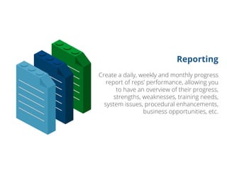 Reporting
Create a daily, weekly and monthly progress
report of reps’ performance, allowing you
to have an overview of their progress,
strengths, weaknesses, training needs,
system issues, procedural enhancements,
business opportunities, etc.
 