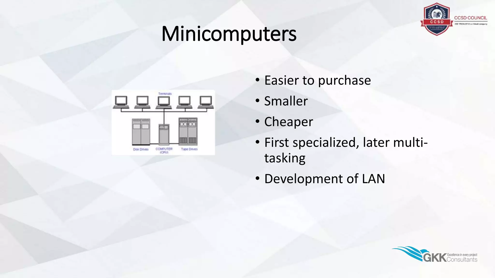 Minicomputers
• Easier to purchase
• Smaller
• Cheaper
• First specialized, later multi-
tasking
• Development of LAN
 