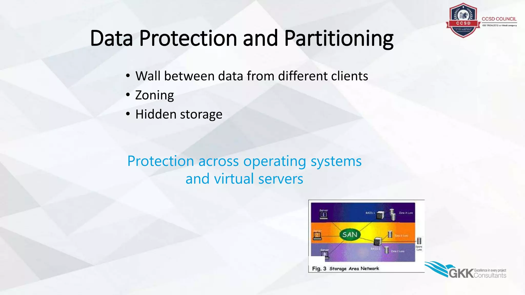 Data Protection and Partitioning
• Wall between data from different clients
• Zoning
• Hidden storage
Protection across operating systems
and virtual servers
 