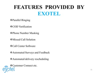 1515
FEATURES PROVIDED BY
EXOTEL
Parallel Ringing
COD Verification
Phone Number Masking
Missed Call Solution
Call Center Software
Automated Surveys and Feedback
Automated delivery rescheduling
Customer Connect etc.
 