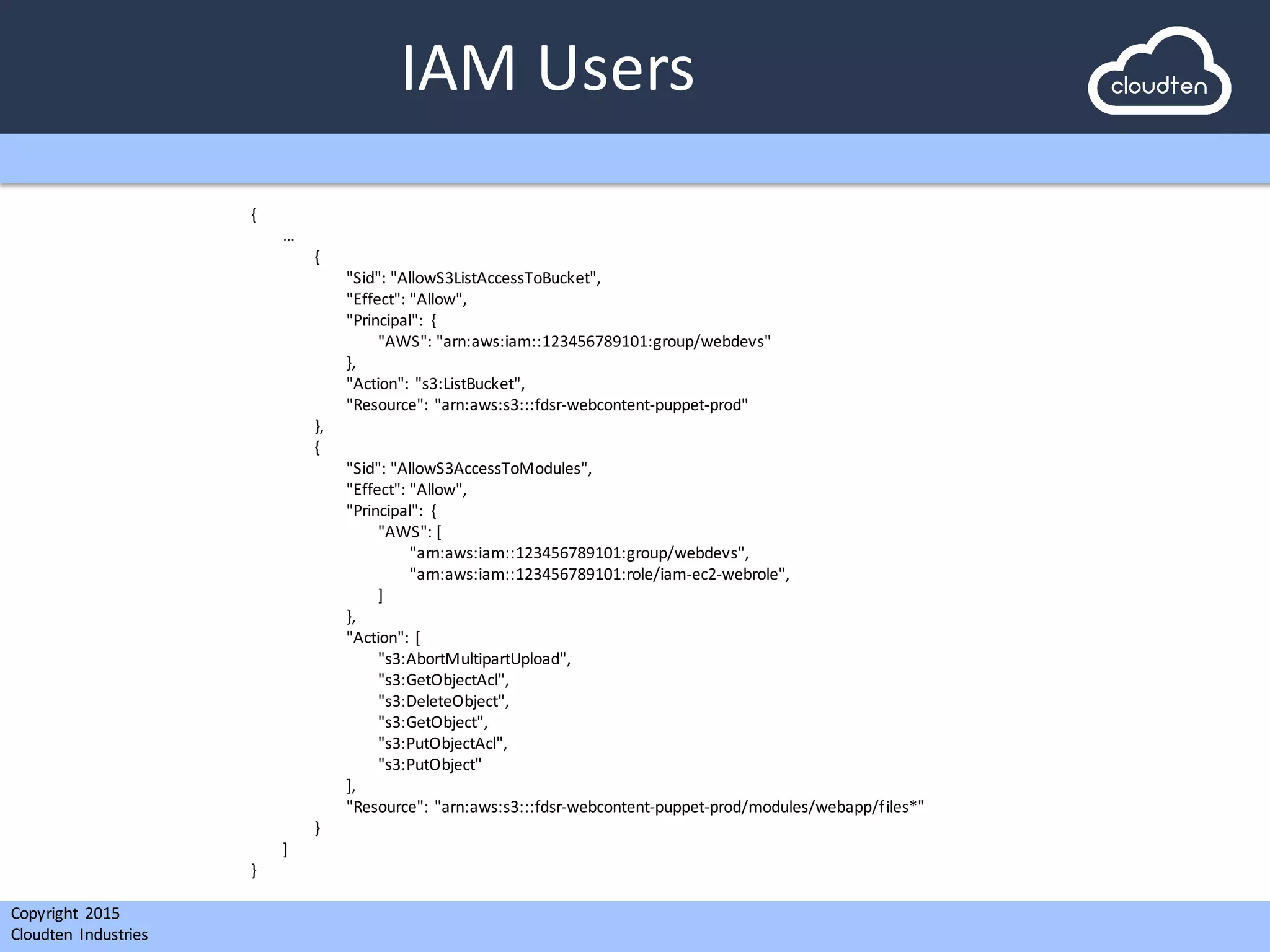 Copyright 2015	
  
Cloudten	
   Industries
IAM	
  Users
{
…
{
"Sid":	
  "AllowS3ListAccessToBucket",
"Effect":	
  "Allow",
"Principal":	
   {
"AWS":	
  "arn:aws:iam::123456789101:group/webdevs"
},
"Action":	
  "s3:ListBucket",
"Resource":	
  "arn:aws:s3:::fdsr-­‐webcontent-­‐puppet-­‐prod"
},
{
"Sid":	
  "AllowS3AccessToModules",
"Effect":	
  "Allow",
"Principal":	
   {
"AWS":	
  [
"arn:aws:iam::123456789101:group/webdevs",
"arn:aws:iam::123456789101:role/iam-­‐ec2-­‐webrole",
]
},
"Action":	
  [
"s3:AbortMultipartUpload",
"s3:GetObjectAcl",
"s3:DeleteObject",
"s3:GetObject",
"s3:PutObjectAcl",
"s3:PutObject"
],
"Resource":	
  "arn:aws:s3:::fdsr-­‐webcontent-­‐puppet-­‐prod/modules/webapp/files*"
}
]
}
 