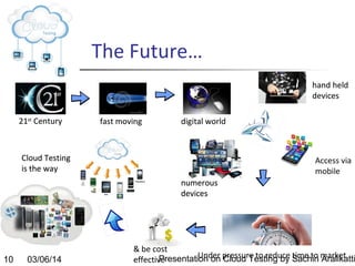 The Future…
hand held
devices
21st Century

fast moving

digital world

Cloud Testing
is the way

Access via
mobile
numerous
devices

10

03/06/14

& be cost
Under Cloud Testing by time to Aralikatti
Presentation on pressure to reduce Sachin market
effective

 
