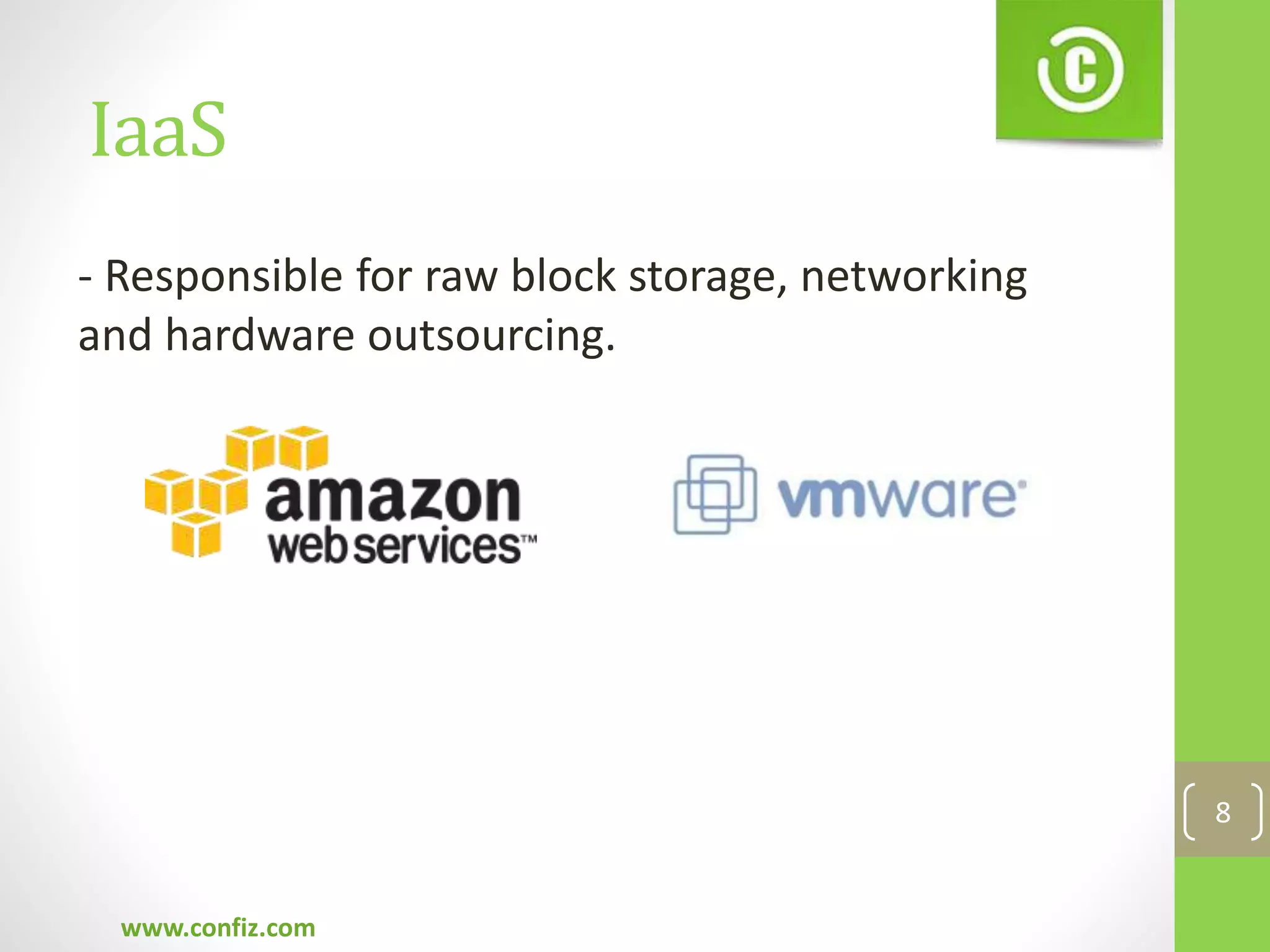 IaaS
www.confiz.com
8
- Responsible for raw block storage, networking
and hardware outsourcing.
 