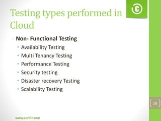 Testing types performed in
Cloud
- Non- Functional Testing
• Availability Testing
• Multi Tenancy Testing
• Performance Testing
• Security testing
• Disaster recovery Testing
• Scalability Testing
www.confiz.com
18
 