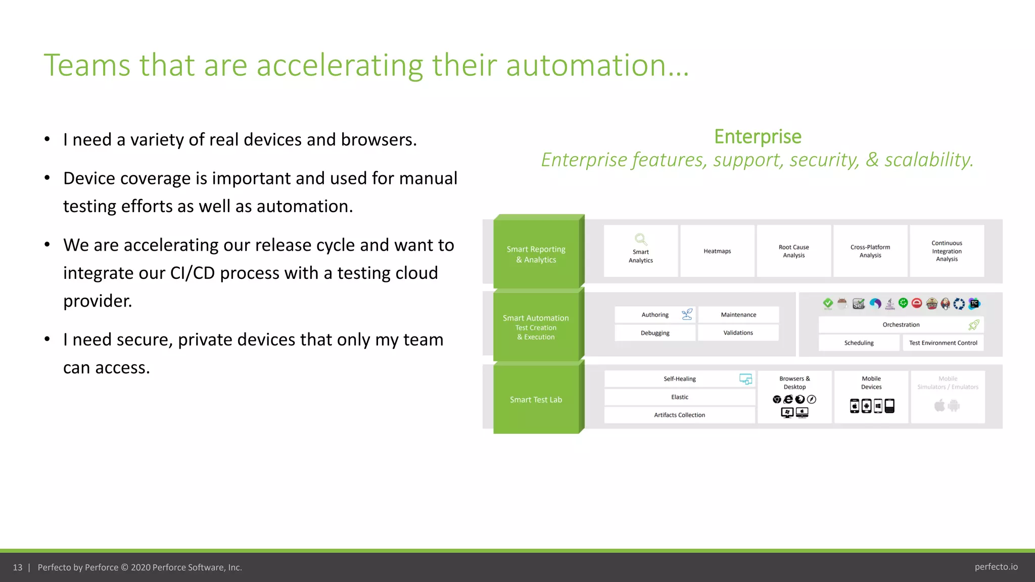 perfecto.io13 | Perfecto by Perforce © 2020 Perforce Software, Inc.
• I need a variety of real devices and browsers.
• Device coverage is important and used for manual
testing efforts as well as automation.
• We are accelerating our release cycle and want to
integrate our CI/CD process with a testing cloud
provider.
• I need secure, private devices that only my team
can access.
Teams that are accelerating their automation…
Enterprise
Enterprise features, support, security, & scalability.
 