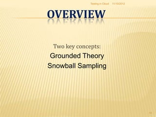 Testing in Cloud   11/10/2012




OVERVIEW

 Two key concepts:
 Grounded Theory
Snowball Sampling




                                              14
 